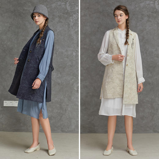 Famecoco范可儿灰色中长款马甲春重工刺绣开衫外搭F221CA003 商品图4