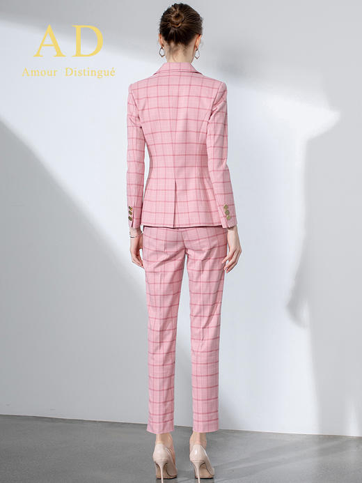 AD职业装气质女神范粉色格子西装套装金色双排扣OL西服套装裤春秋 商品图4