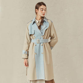 Famecoco范可儿炸街长风衣爆款牛仔拼接外套女F221AT009