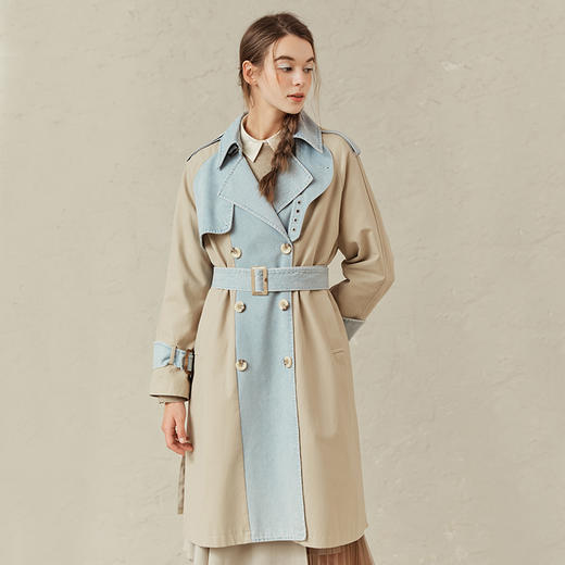 Famecoco范可儿炸街长风衣爆款牛仔拼接外套女F221AT009 商品图0