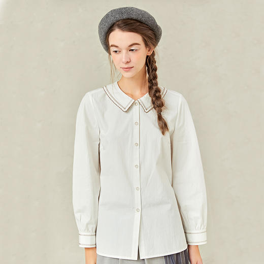 Famecoco范可儿灯笼袖女上衣春装娃娃领衬衫F221BA012 商品图0