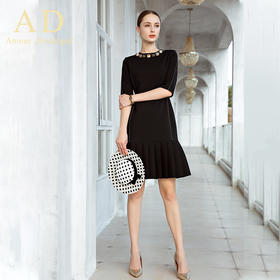 AD高端复古轻奢黑色古典包臀百褶裙名媛正装中袖巴洛克重工连衣裙