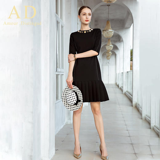 AD高端复古轻奢黑色古典包臀百褶裙名媛正装中袖巴洛克重工连衣裙 商品图0