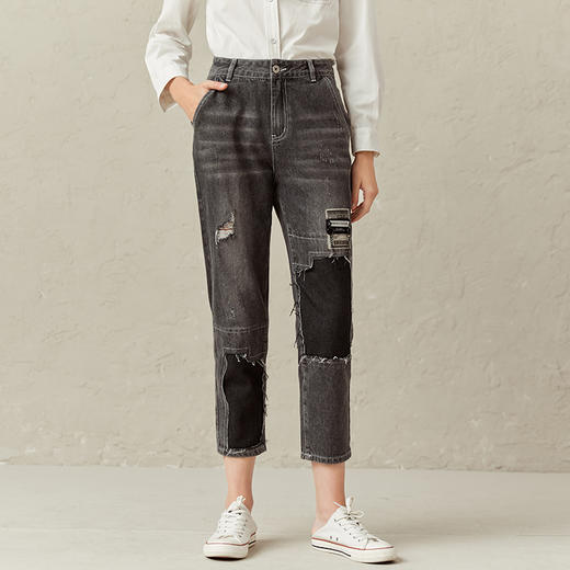 Famecoco范可儿破洞牛仔裤女春秋潮流拼接长裤F221GA012 商品图0