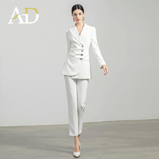 AD白色西装套装女秋冬两件套设计感褶皱西服外套通勤简约职业装 商品图3