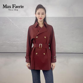 麦克斯菲瑞双排扣腰带修身酒红色风衣 mh1f160