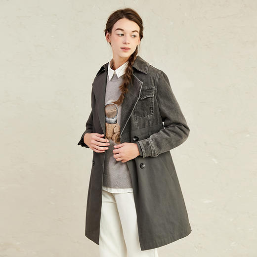Famecoco范可儿牛仔拼接风衣女中长款小个子收腰外套F221AA005 商品图1