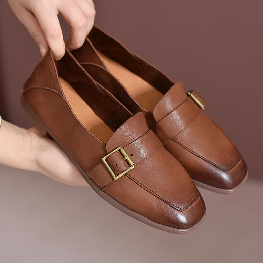 TN  T83056-11英伦风真皮金属扣方头小皮鞋头层牛皮懒人鞋 商品图0
