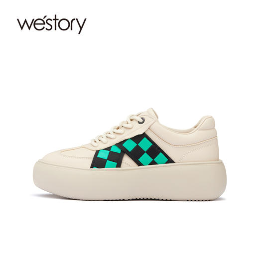 westory棋盘格拼接休闲单鞋2022春新真皮复古厚底板鞋小白鞋S22AM54651 商品图1