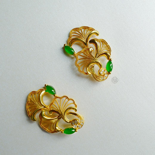 龢盒原创 金枝玉叶二用款翡翠珍珠银杏耳坠 耳环 商品图2