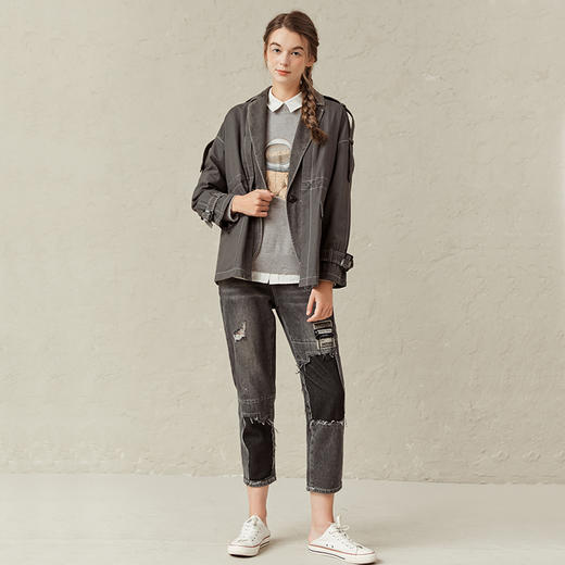 Famecoco范可儿灰色风衣短款女拼接假两件外套F221AV002 商品图4