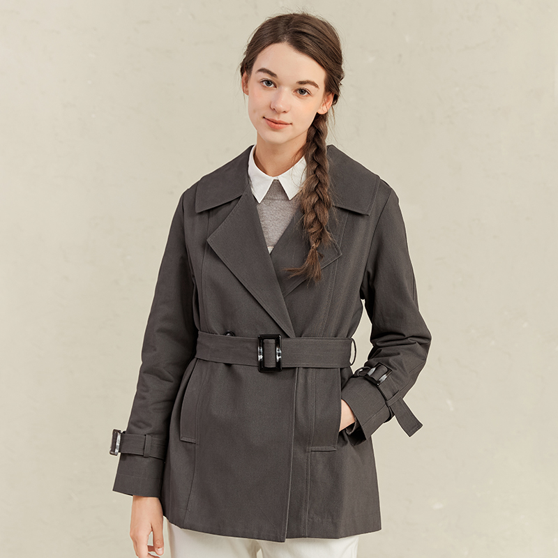 famecoco范可儿灰色风衣女小个子英伦风外套F221AA001