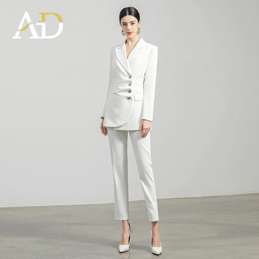 AD白色西装套装女秋冬两件套设计感褶皱西服外套通勤简约职业装 商品图1