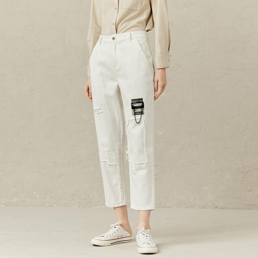 Famecoco范可儿破洞牛仔裤女春秋潮流拼接长裤F221GA012 商品图2