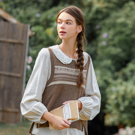 Famecoco范可儿学院风针织马甲女圆领羊毛背心毛衣F221CA009 商品图0