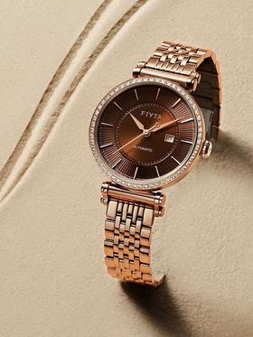 飞亚达印系列女士机械腕表电镀玫瑰金工艺精钢表带吊牌价3880元现售价3298元