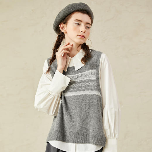 Famecoco范可儿学院风针织马甲女圆领羊毛背心毛衣F221CA009 商品图3