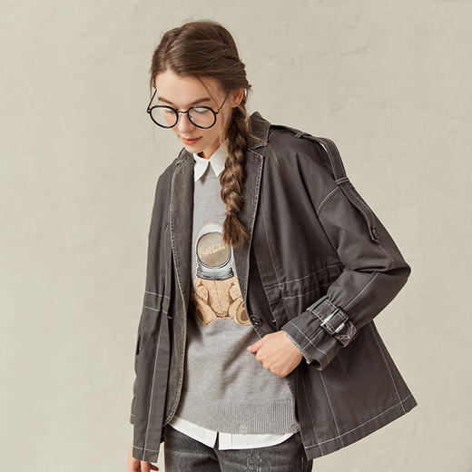 Famecoco范可儿灰色风衣短款女拼接假两件外套F221AV002 商品图2