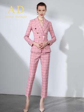 AD职业装气质女神范粉色格子西装套装金色双排扣OL西服套装裤春秋