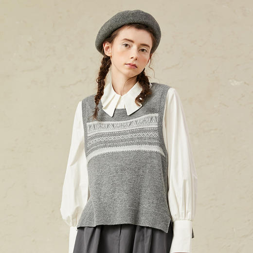 Famecoco范可儿学院风针织马甲女圆领羊毛背心毛衣F221CA009 商品图2