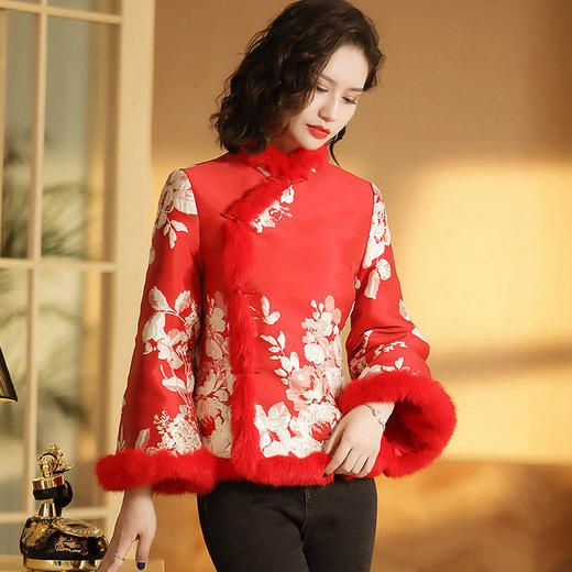 AYK-提花长袖毛边立领夹棉唐装上衣女 商品图3