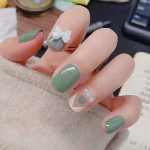 电商现货供应绿色小清新蝴蝶结可拆卸穿戴美甲无痕软甲假指甲贴片 商品图2
