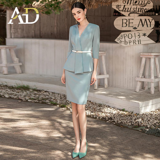 AD高端气质蓝色职业装套装女秋季不规则设计七分袖西装套裙正式装 商品图0