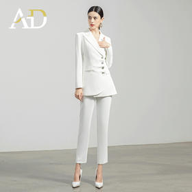 AD白色西装套装女秋冬两件套设计感褶皱西服外套通勤简约职业装