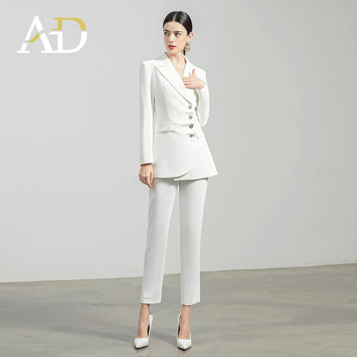 AD白色西装套装女秋冬两件套设计感褶皱西服外套通勤简约职业装 商品图0