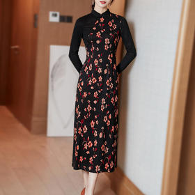 SSGS-42279秋冬配大衣时尚气质改良旗袍印花显瘦长袖针织连衣裙