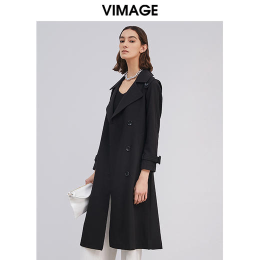 VIMAGE纬漫纪女装翻领经典显瘦收腰长款风衣外套VC2004006 商品图5