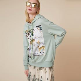 广绣鹤鹿同春图水绿连帽卫衣