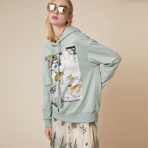 广绣鹤鹿同春图水绿连帽卫衣 商品图0