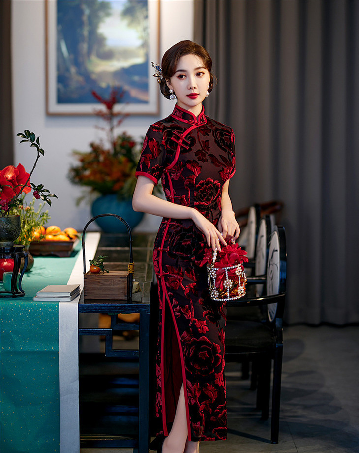 sky 184163丝绒双层典雅贵气大码旗袍裙