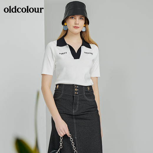 oldcolour2022春季新款时尚气质修身百搭短袖套头衫O13052338 商品图10