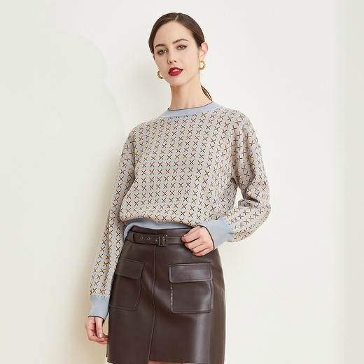 QE62A瑟俪（斯尔丽高端）舒适柔软低圆领撞色超细羊毛提花毛衣针织衫 商品图0