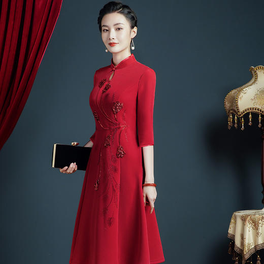 上海旗袍厂JC-5185春秋新款婚宴礼服改良旗袍年轻款气质显瘦连衣裙 商品图3