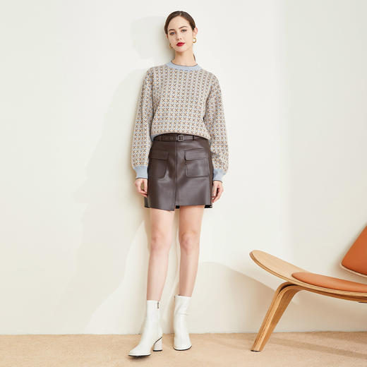 QE62A瑟俪（斯尔丽高端）舒适柔软低圆领撞色超细羊毛提花毛衣针织衫 商品图3