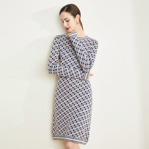 QE61A瑟俪（斯尔丽高端）舒适柔软低圆领撞色提花毛衣针织连衣裙 商品图2