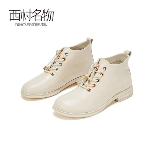 西村名物2020冬季新款净版系带纯色马丁靴牛皮复古圆头女靴X20DS40721 商品图0