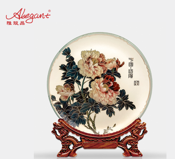 【彼达思】雅琅晶珍珠白牡丹盘摆件商务礼品家具摆设工艺品