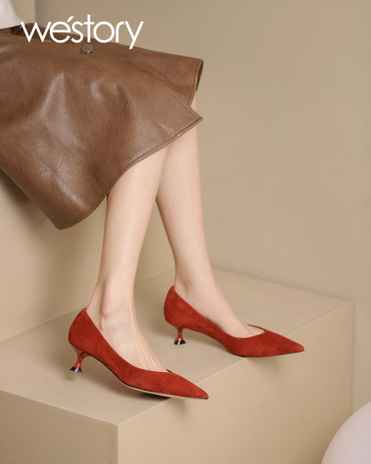 westory2022春季新款钻饰真皮法式高跟鞋方头细跟质感单鞋W22AE54421 商品图3