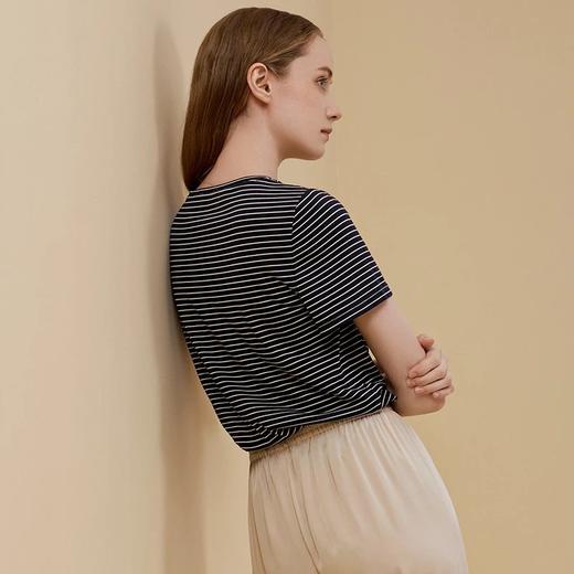 金三塔趣味喵咪真丝条纹女士短袖T恤 桑蚕丝印花打底小衫新品   3YZFBB701 商品图2