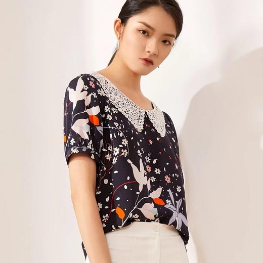 玳莎真丝双绉T恤女 大彼得翻领花边小衫优雅桑蚕丝上衣   BB31106 商品图1