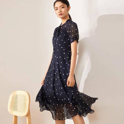 玳莎新品真丝连衣裙乔其印花短袖收腰修身真丝气质显瘦中长款裙子 BB35104 商品图3