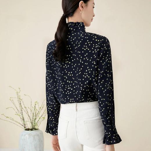 玳莎立领真丝衬衫女早秋新款木耳边设计桑蚕丝印花长袖上衣  BC31305 商品图4