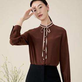 玳莎真丝立领衬衫早秋新款优雅别致撞色木耳边领衬衫长袖上衣   BC31312