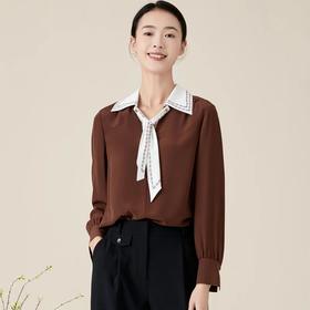 玳莎V领衬衫式上衣女新款初秋薄款飘带设计感长袖直筒衬衫  BC31309