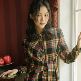 丽迪莎文艺休闲纯棉磨毛格子衬衫连衣裙KE44L1272