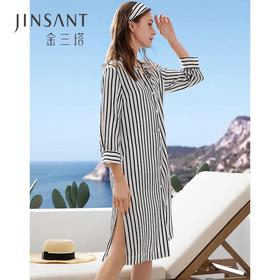 金三塔条纹真丝衬衫式睡衣女长款100%桑蚕丝性感可外穿家居服睡裙   YSF9B303